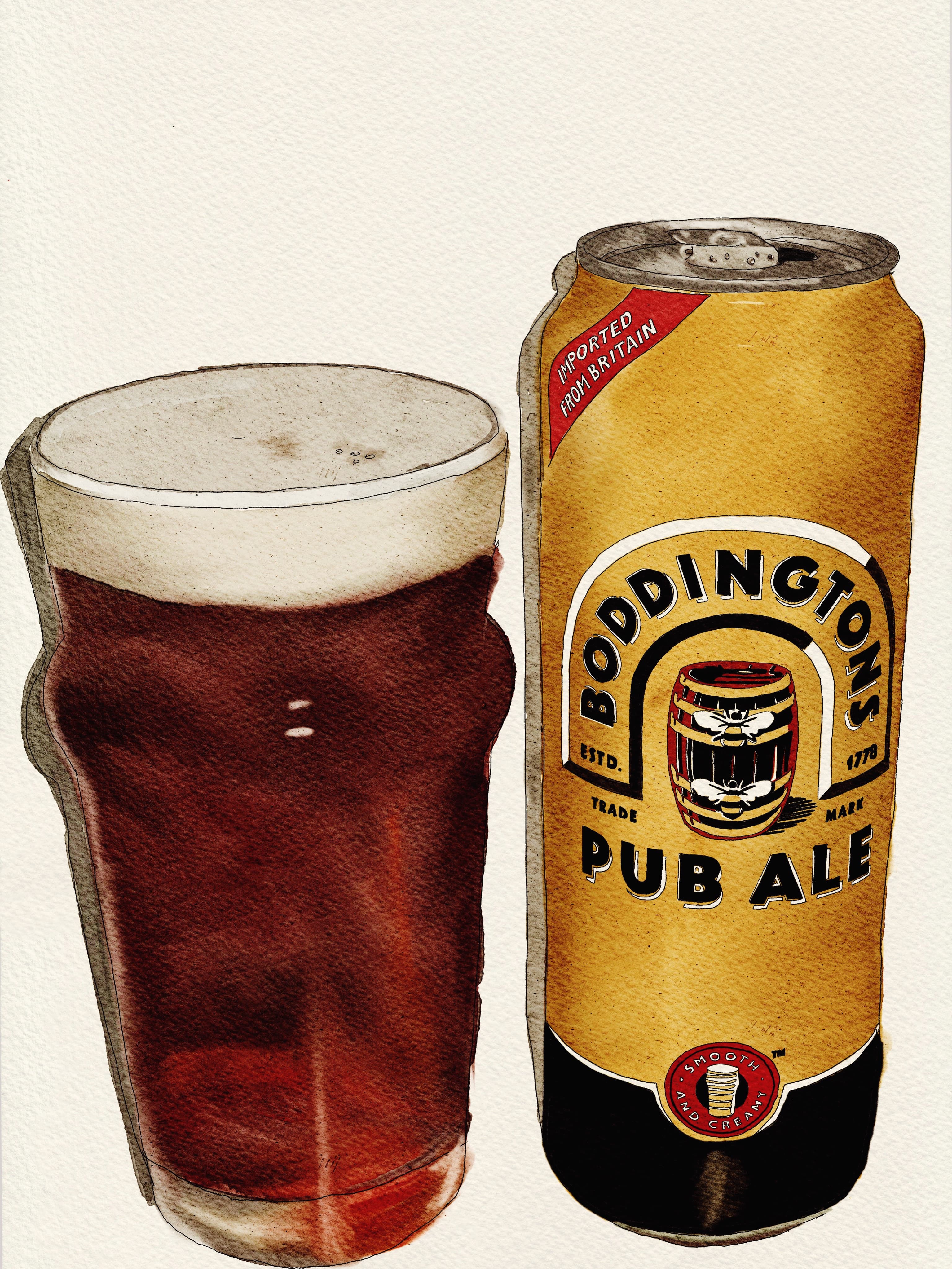 Watercolor illustration of a frothy pint of dark ale and a yellow Boddingtons can.