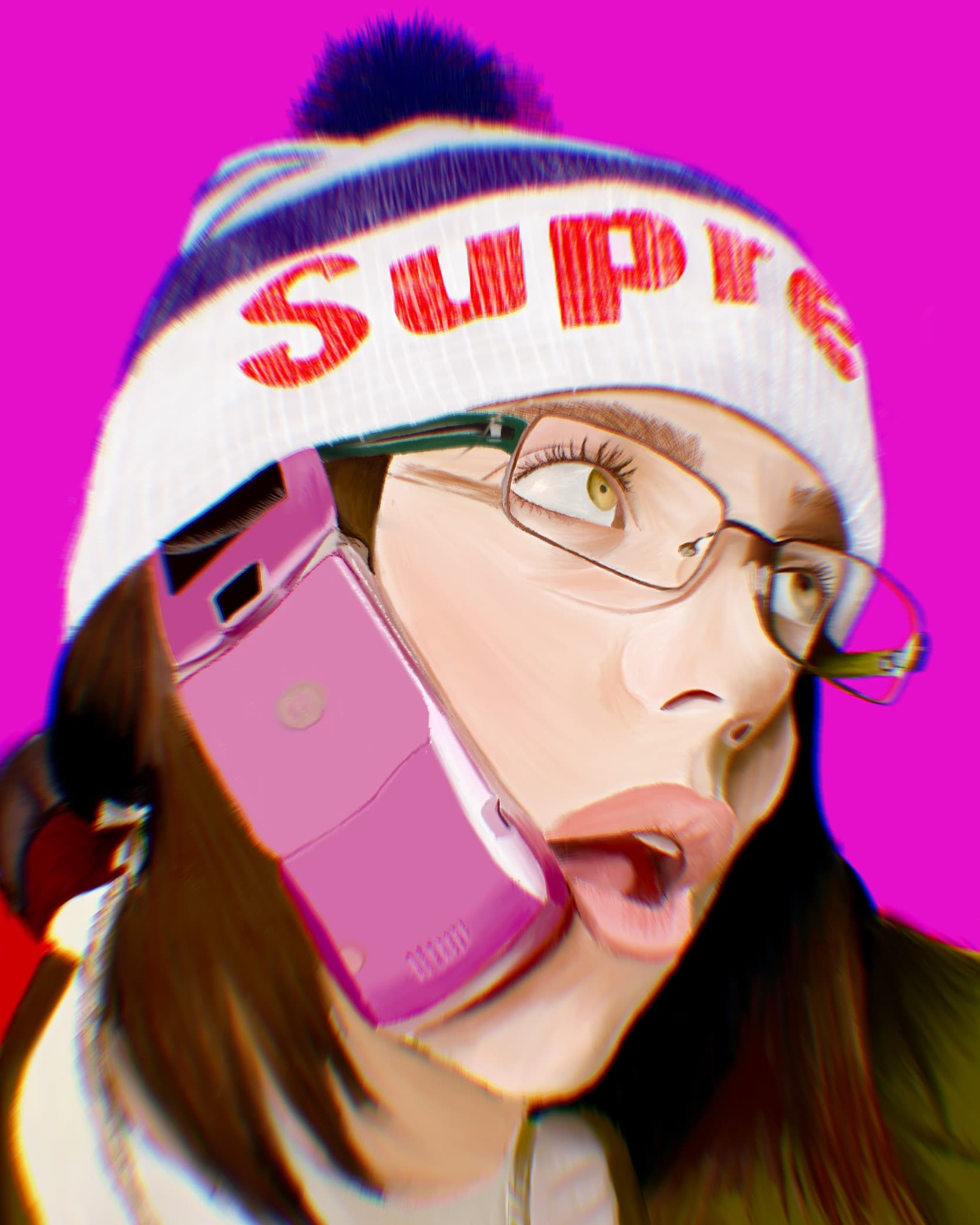 Woman in a Supreme beanie and glasses talking on a pink flip phone.